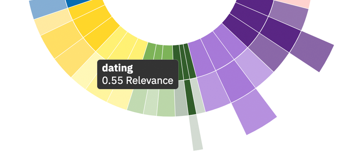 sandbox SunBurst display — a radial map of the topics inside a dataset, each segment sized by how many rows fall under it.