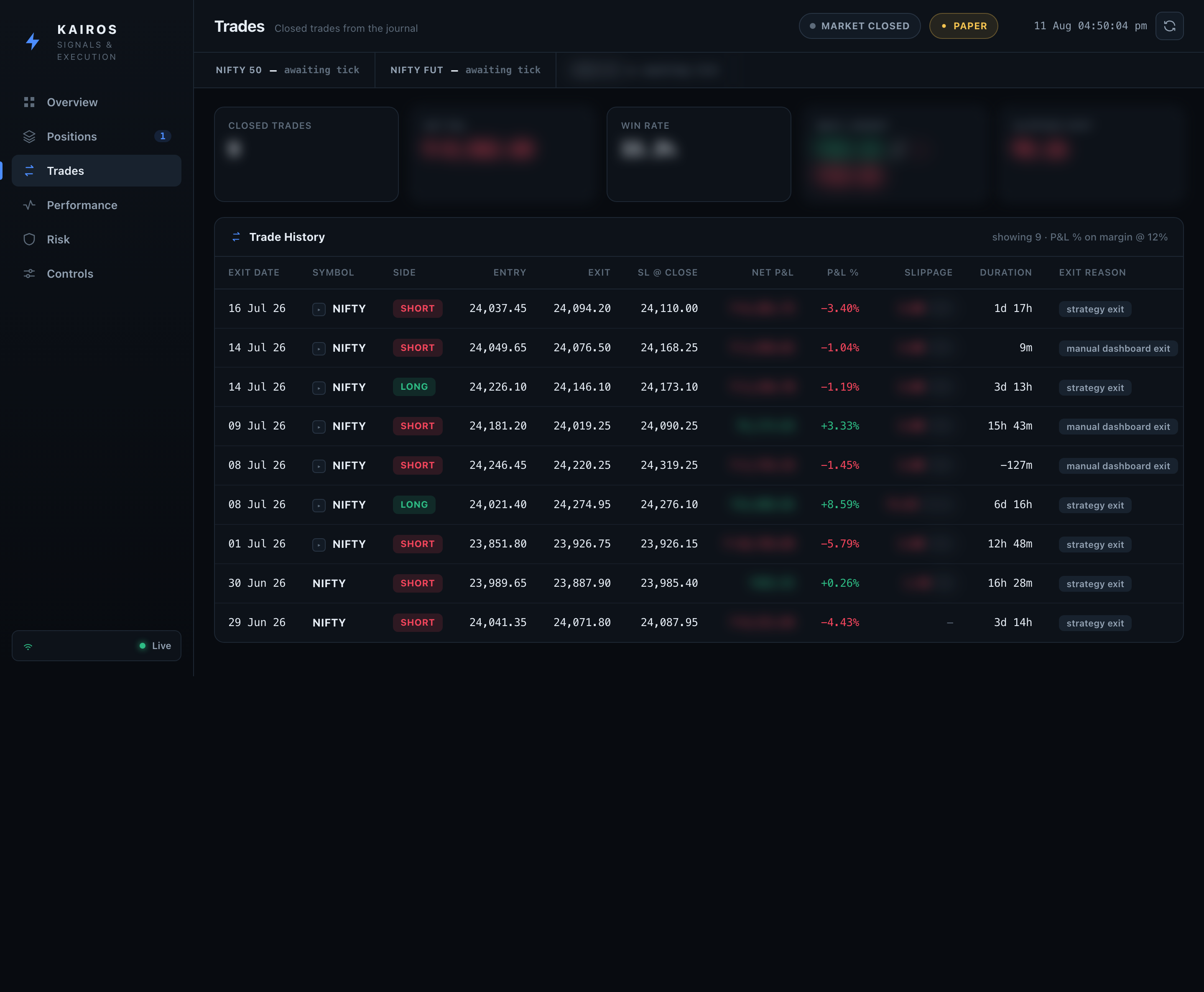 The trades view: a history table listing each closed trade with its entry, exit, result, duration and the reason it closed.